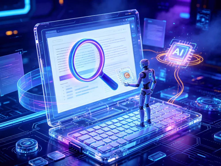 A digital illustration of a robot standing on a transparent laptop keyboard, interacting with a search magnifying glass and artificial intelligence icons on the screen in a futuristic setting.