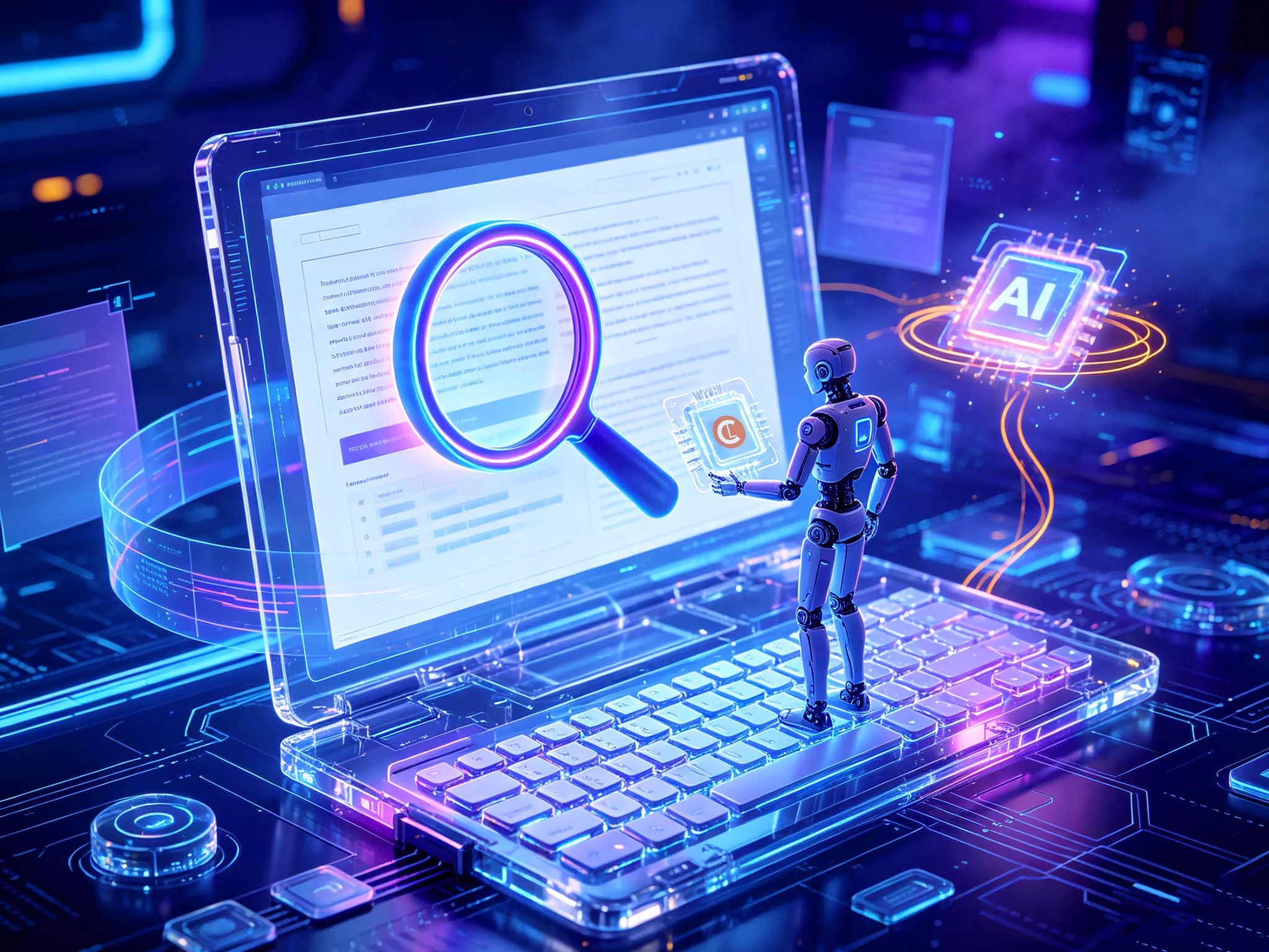 A digital illustration of a robot standing on a transparent laptop keyboard, interacting with a search magnifying glass and artificial intelligence icons on the screen in a futuristic setting.