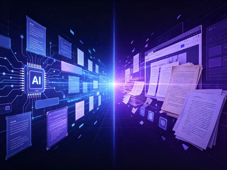 A digital illustration depicting a futuristic, data-driven interface with a focus on artificial intelligence, featuring a central circuit symbol labeled "AI" and floating documents on either side.