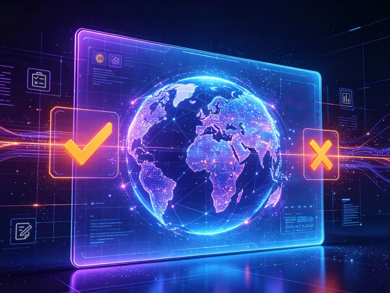 A glowing digital representation of Earth with check and cross symbols on either side, set against a futuristic interface background.