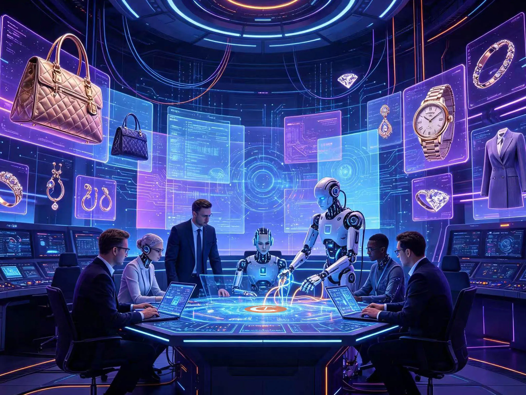 A futuristic meeting room with a diverse group of people and a robot, surrounded by holographic displays of luxury items such as handbags, jewelry, and watches.
