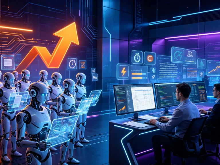 A futuristic scene showing several humanoid robots in a high-tech environment, facing a person seated at a desk with multiple computer screens displaying data and graphics, including charts and coding. The background features digital displays and glowing visual elements like an upward trending graph.