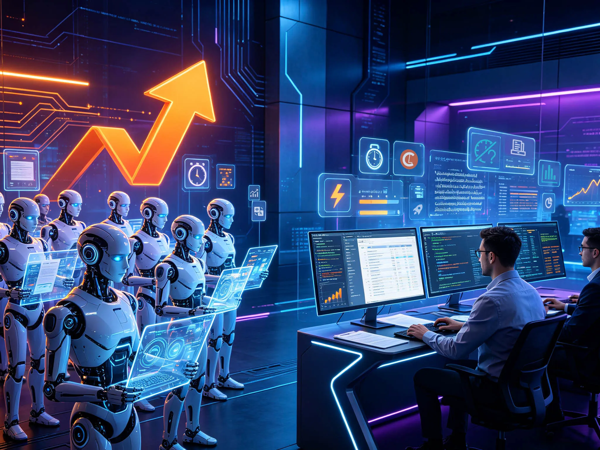 A futuristic scene showing several humanoid robots in a high-tech environment, facing a person seated at a desk with multiple computer screens displaying data and graphics, including charts and coding. The background features digital displays and glowing visual elements like an upward trending graph.