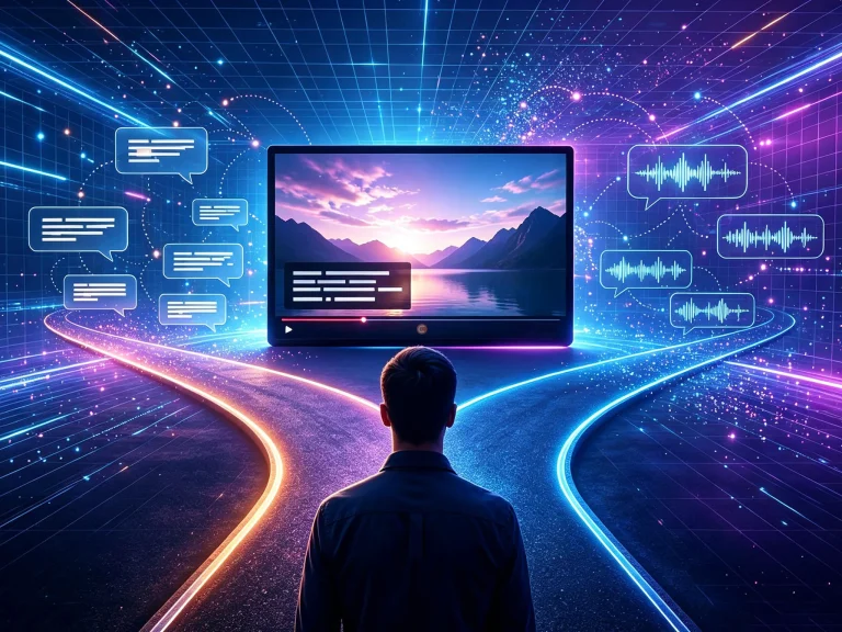 A person facing a large screen displaying a scenic view, surrounded by colorful digital elements like sound waves and chat bubbles, representing technology and communication.