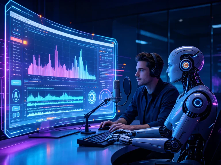 A person with headphones sitting at a computer, working alongside a humanoid robot in a futuristic setting featuring large screens displaying colorful graphs and audio waveforms.