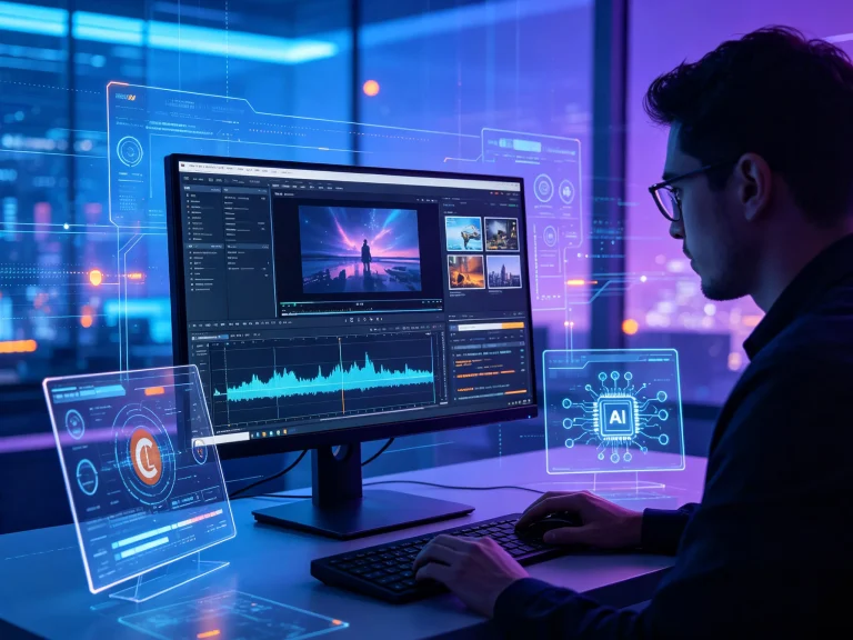 A person working at a desktop computer with multiple screens displaying data analysis and visual imagery, in a high-tech environment.