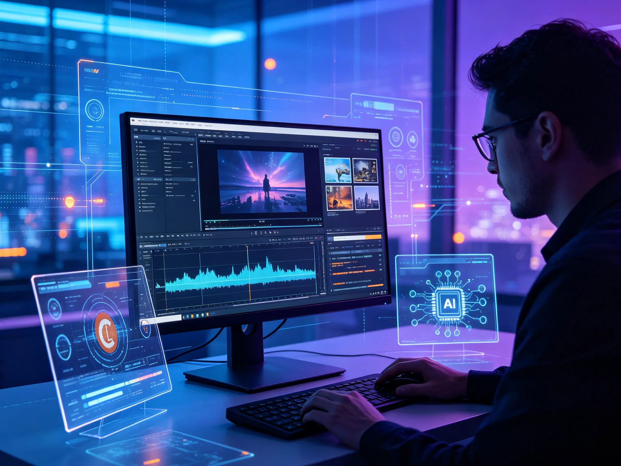 A person working at a desktop computer with multiple screens displaying data analysis and visual imagery, in a high-tech environment.