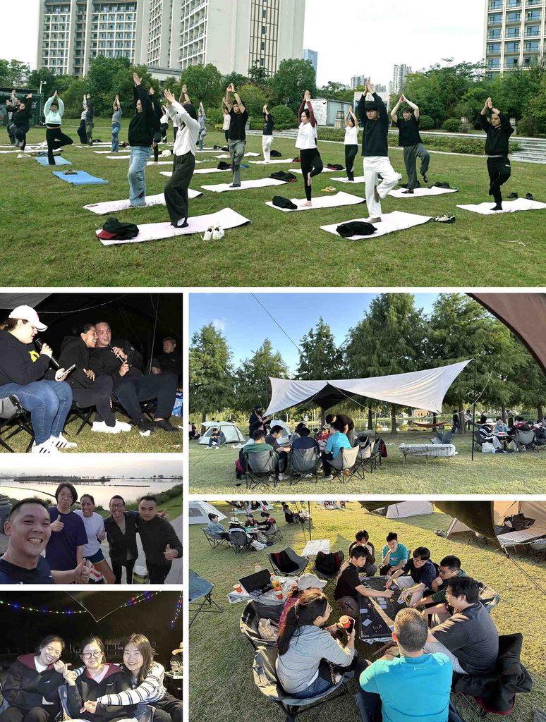 A collage of images featuring groups of people participating in yoga outdoors, socializing around a campfire, and engaging in activities in a park setting.