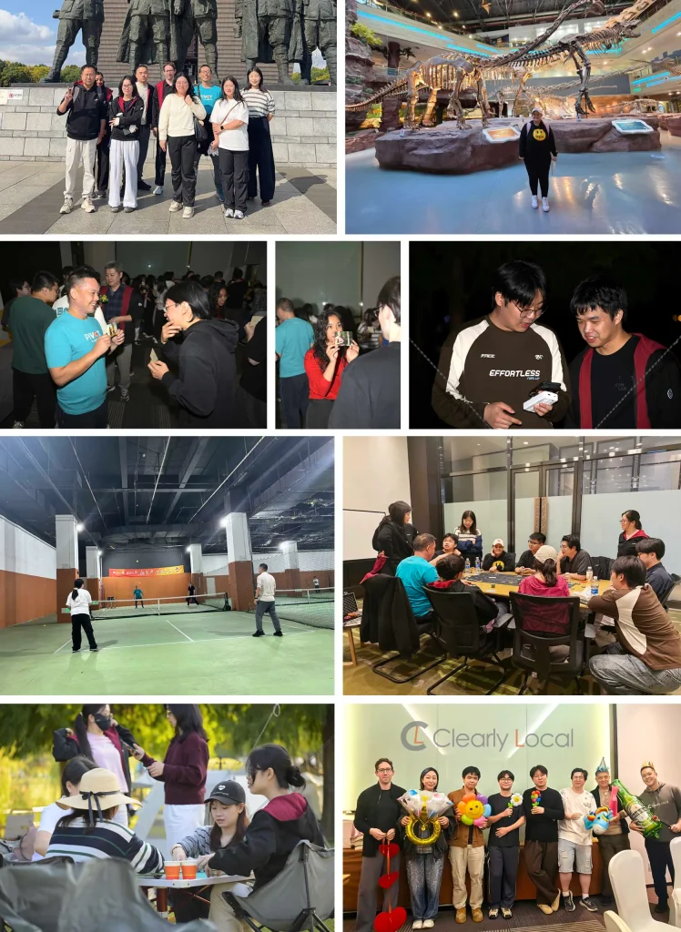 A collage of various group activities and social gatherings, including people posing for a photo at a monument, a person in a large indoor space, socializing at a party, a tennis or squash game, a dining experience with several people at a table, and a group sitting outdoors.