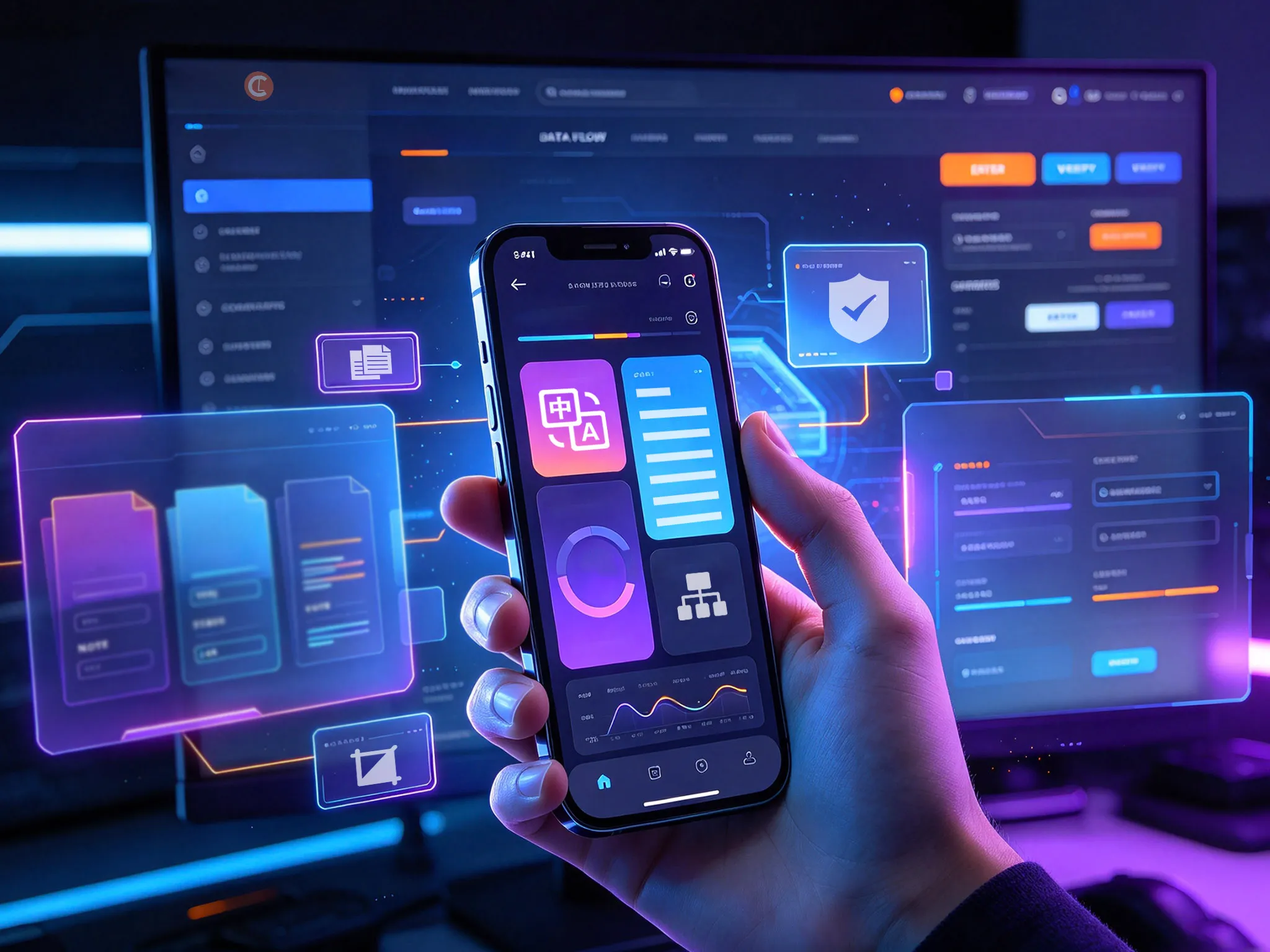 A modern mobile app interface displayed on a phone, surrounded by various translucent screens and icons, featuring colorful, glowing elements against a dark background.