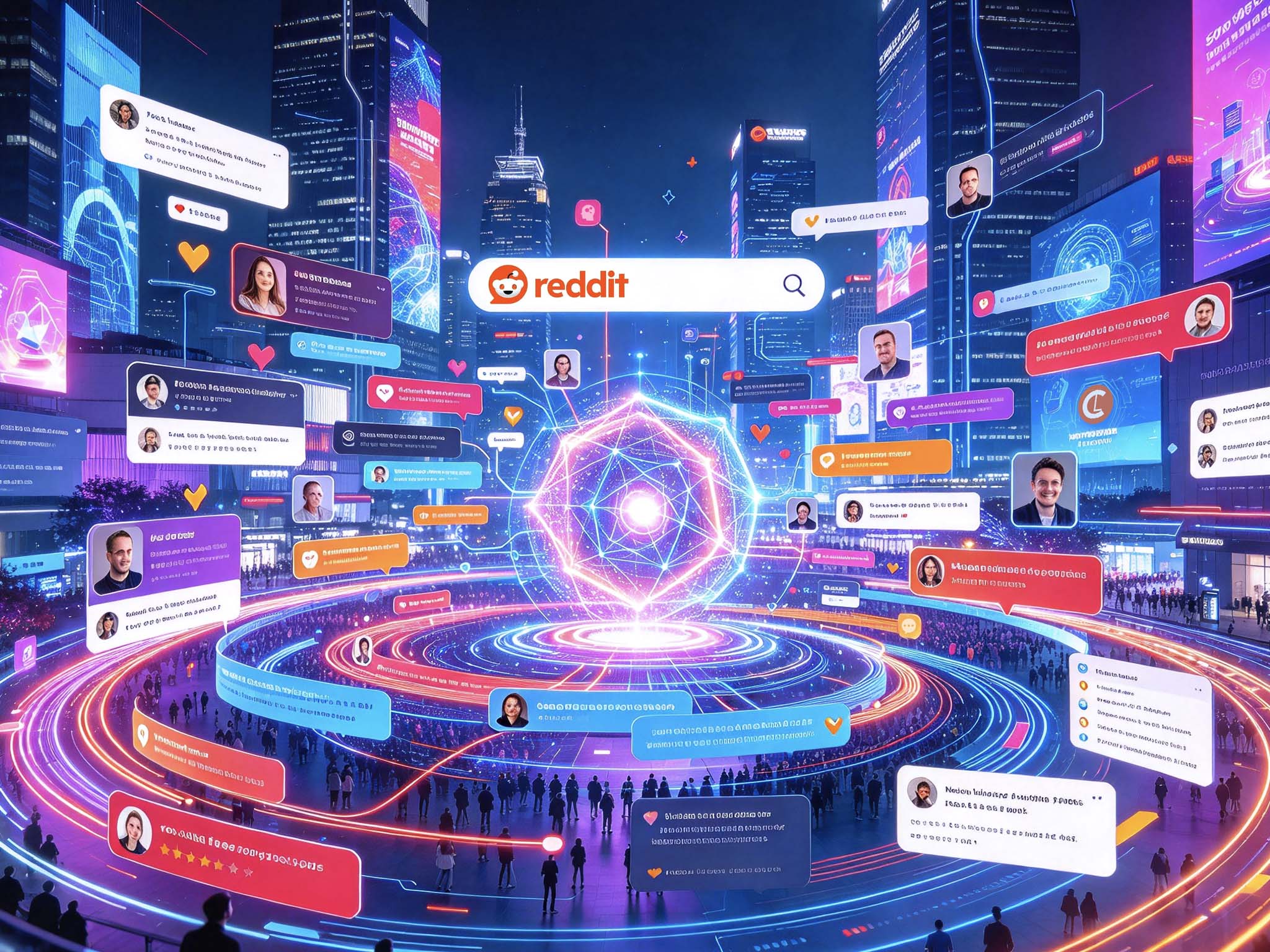 A vibrant digital cityscape featuring a central glowing vortex, surrounded by various chat bubbles with messages. The scene is illuminated by colorful neon lights and skyscrapers, with a prominent "reddit" logo and search bar at the top.