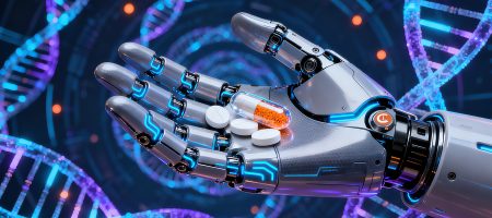 A robotic hand holds medication capsules and tablets against a background of glowing DNA strands. The image conveys a futuristic and technological theme to support our webinary library