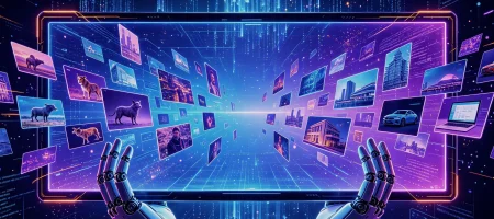 A futuristic display featuring a holographic interface with numerous images and data streams, held by a robotic hand, against a backdrop of glowing digital elements.