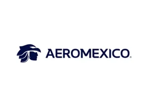 Aeromexico logo featuring a stylized dark blue eagle head next to the word 'AEROMEXICO' in bold uppercase letters on a white background.