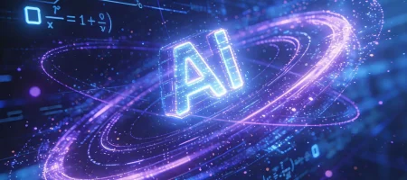 Digital illustration of the letters "AI" encircled by glowing rings, with a backdrop of abstract circuits and binary code, representing artificial intelligence technology.