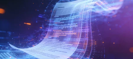 A glowing digital document floats with streams of light and digital particles around it, set against a dark blue background, conveying a futuristic and tech-focused theme.